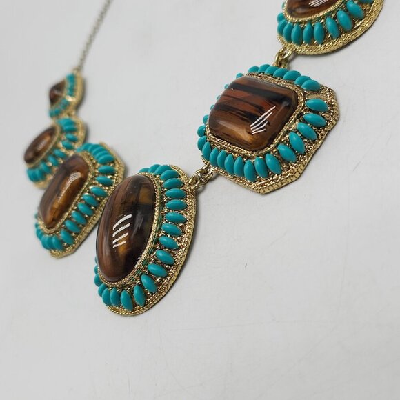 Vintage 1980s Ethnic Big Bold Link Necklace With Tigers Eye Stones Aqua Beads - Picture 5 of 7